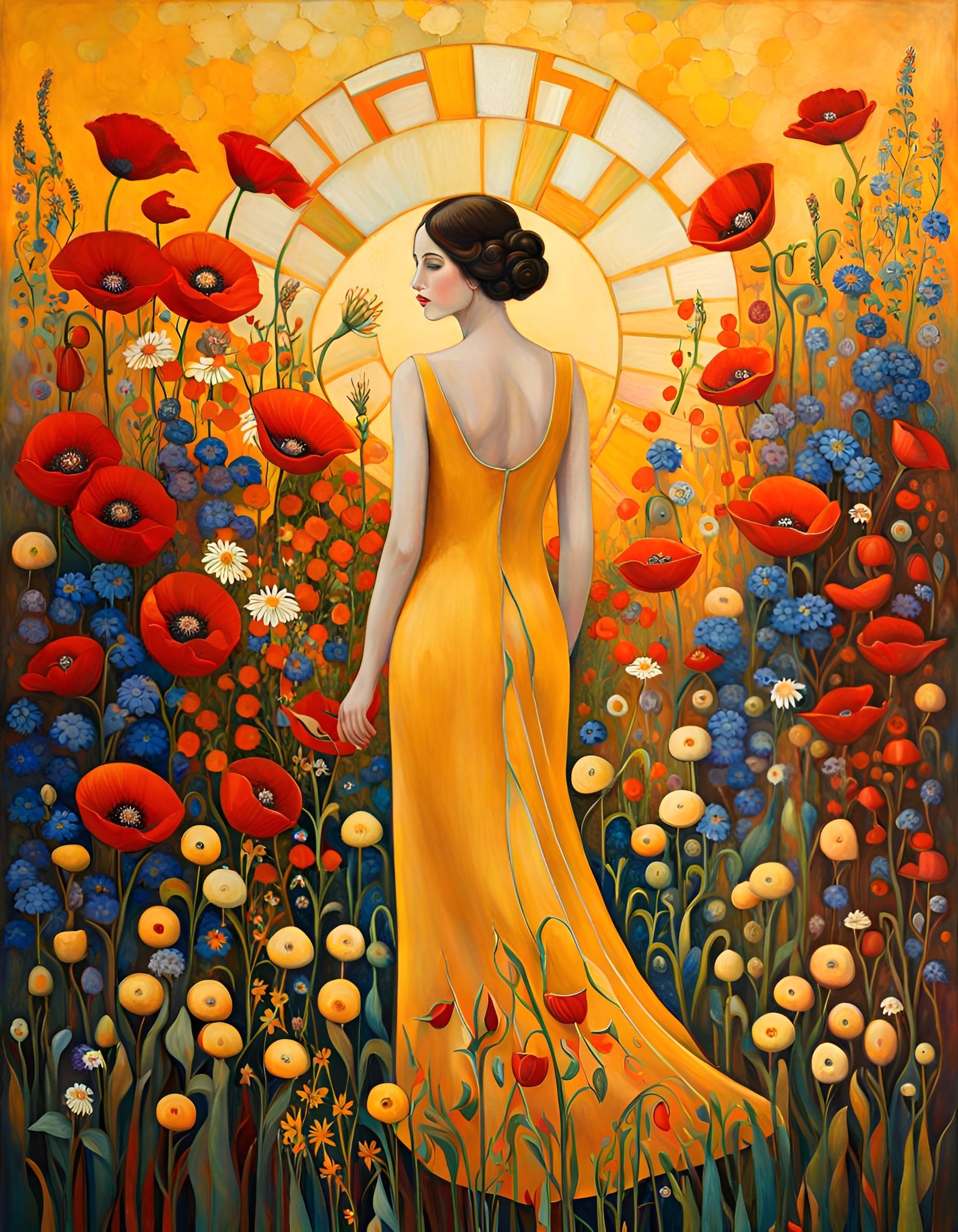 Woman in Yellow Dress, Klimt-Inspired Art Nouveau Painting