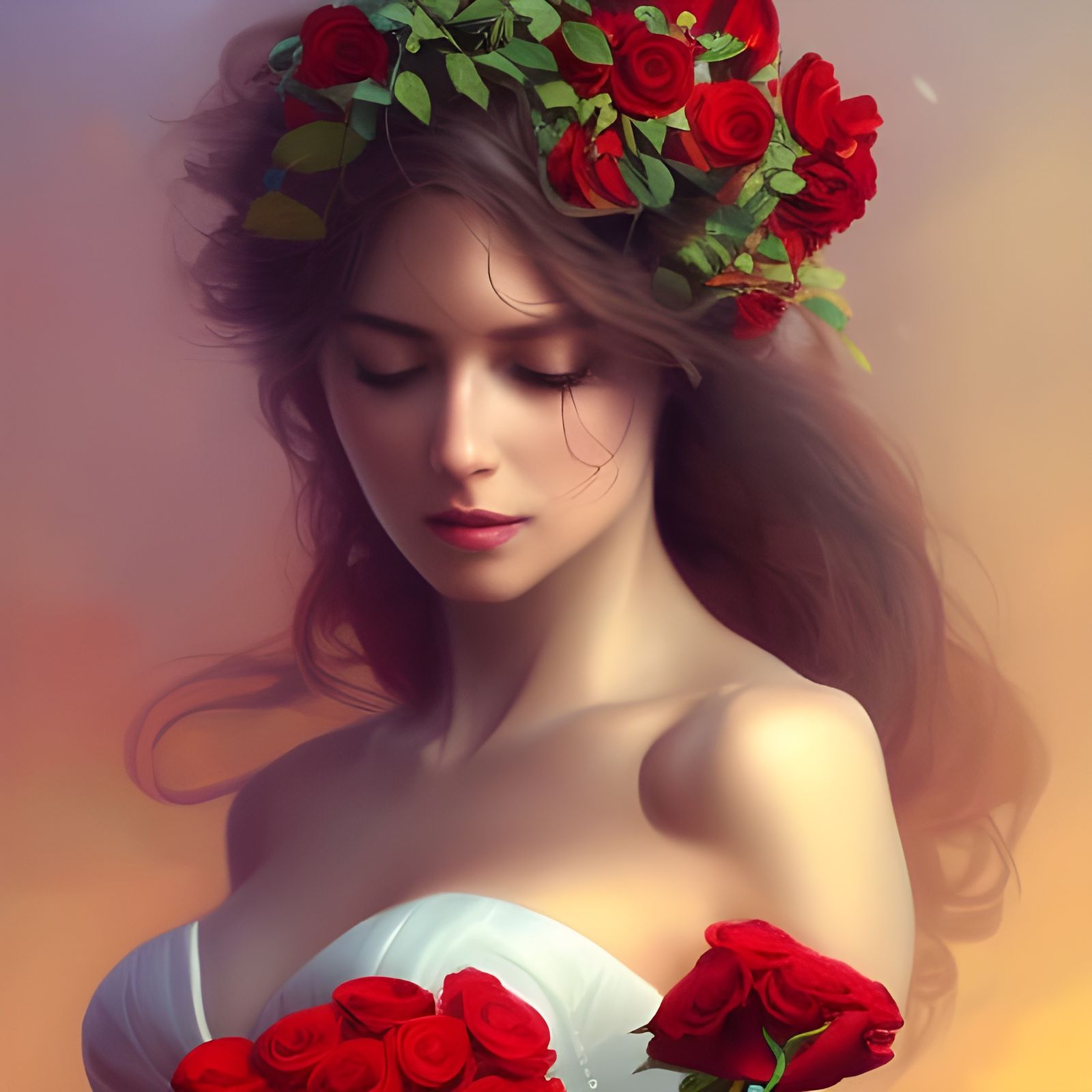 Elegant Bride with Red Roses, Hyperdetailed Art