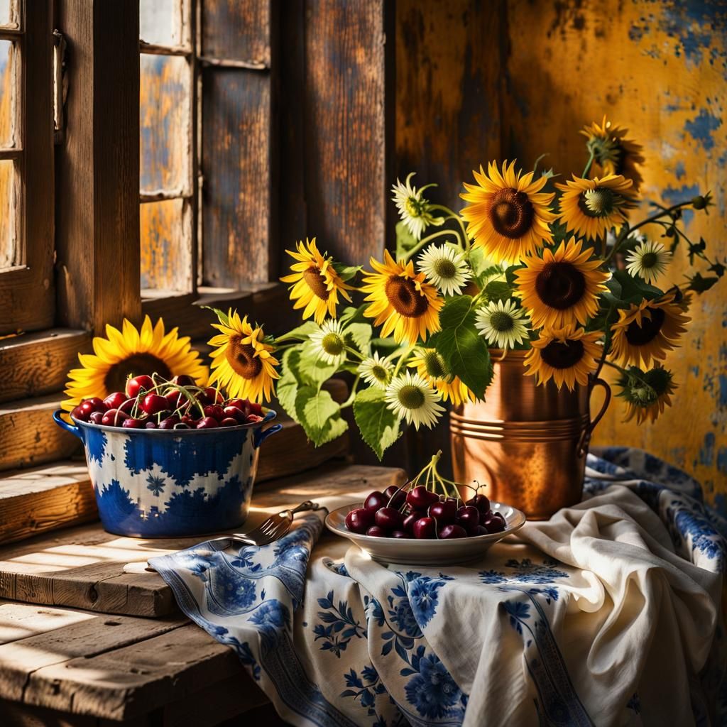 Sunflowers and Delft Blue Flowers in Copper Bucket
