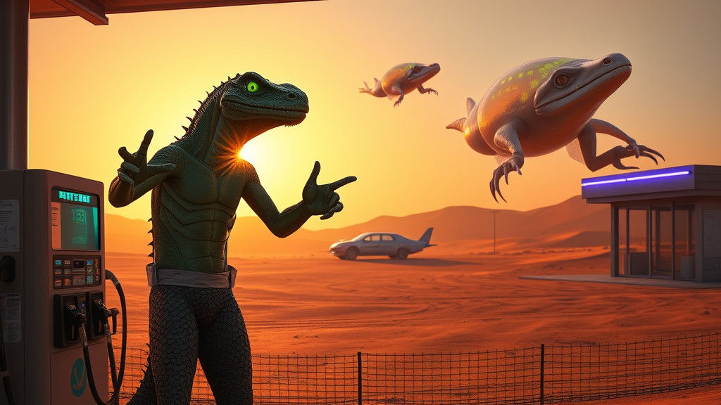 Reptilian Aliens at Desert Gas Station in Biomechanical Styl...