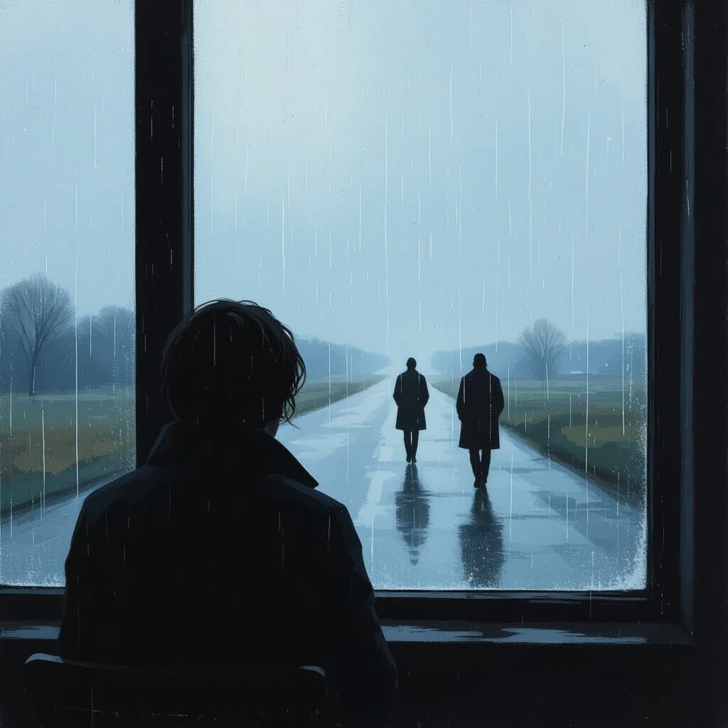 Melancholic Scene of Figures Seen Through Rainy Window