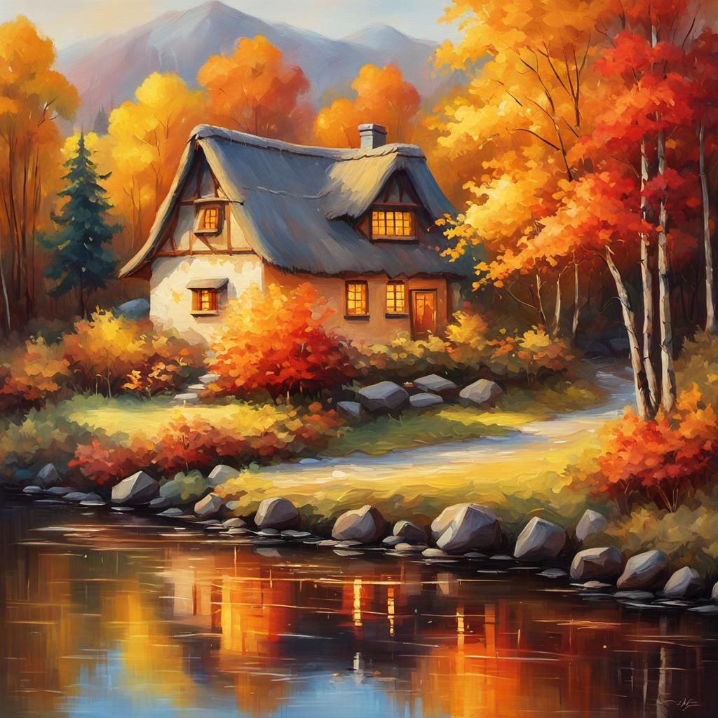 Autumn Cottage: Impressionist Oil Painting in Triadic Colors