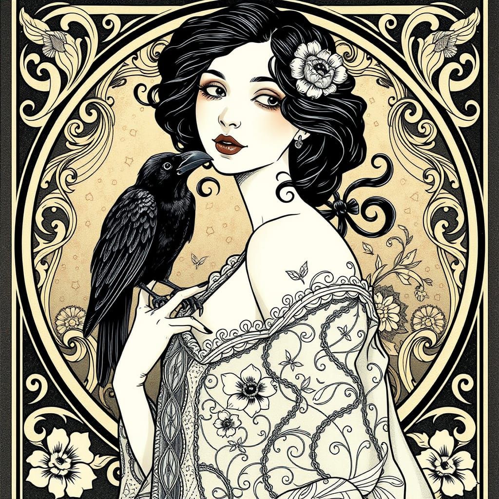 Woman with Crow in Art Nouveau Style