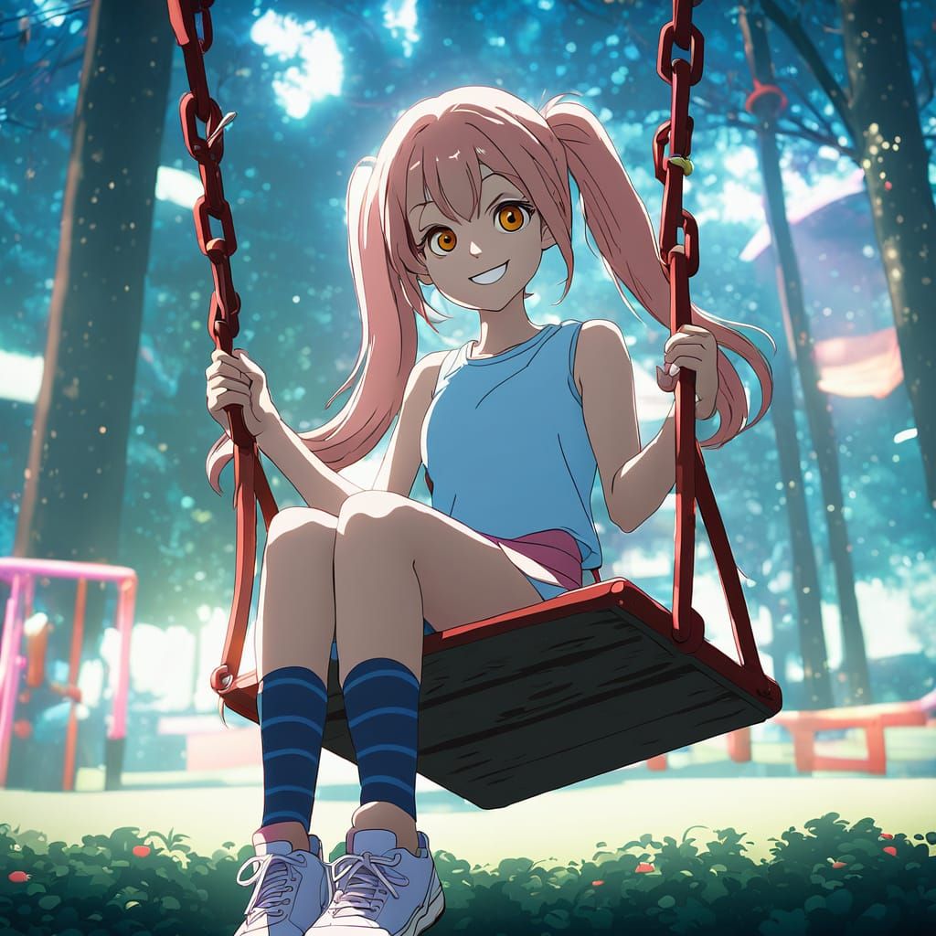 Anime Girl on Swing with Colorful Pigtails