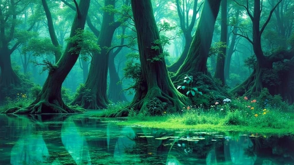 Majestic Northern Forest Awakens from Crystal Clear Waters