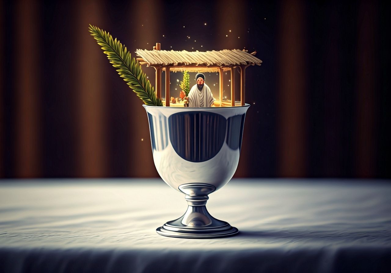 Silver Kiddush Cup as Miniature Sukkah with Man and Four Spe...