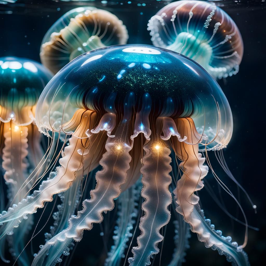 Bioluminescent Crystal Jellyfish Underwater in 3D