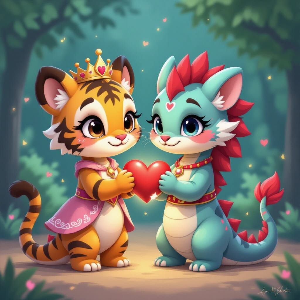 Tigeress and Dragon Princesses Form Pink Heart with US, Kore...