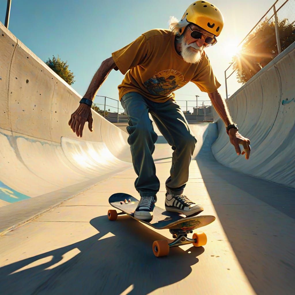 Elderly Skateboarder in Graphic Novel Style