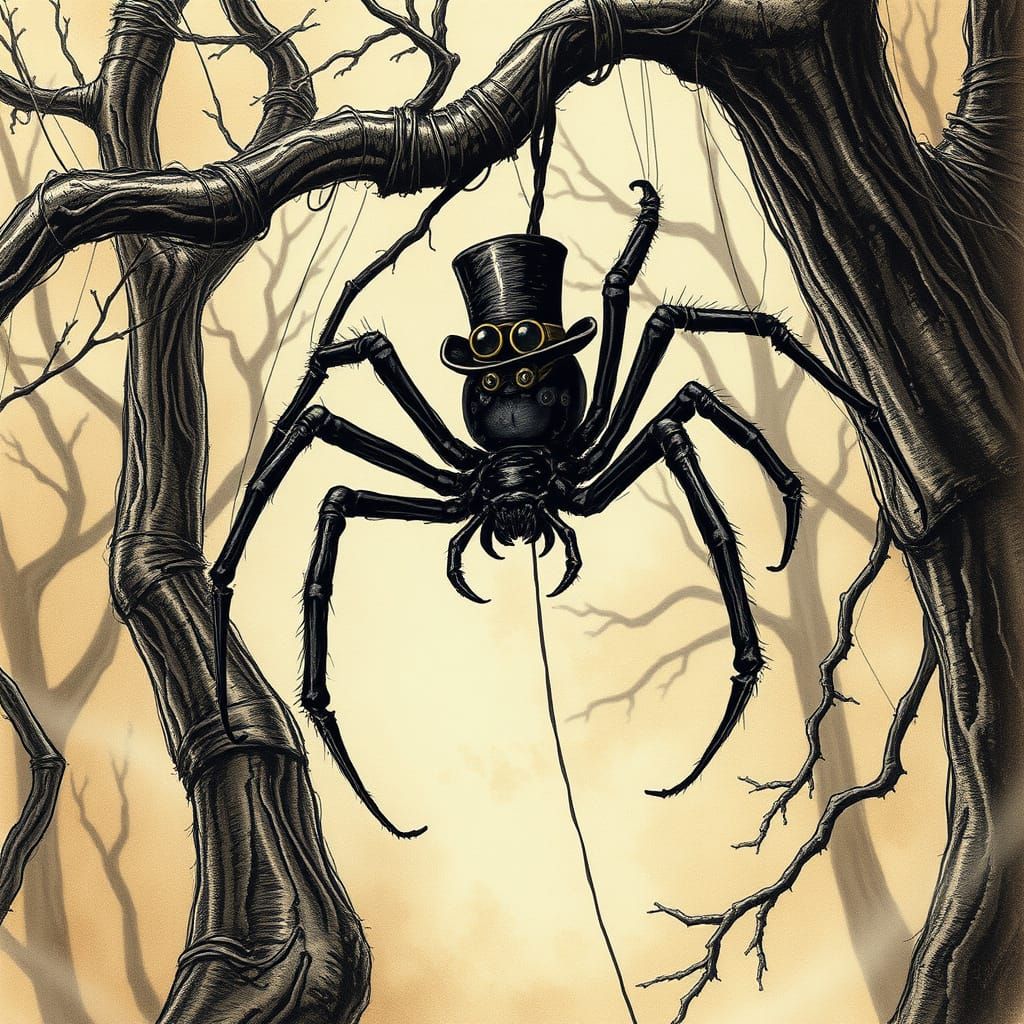 Steampunk Spider Amidst Foggy Forest