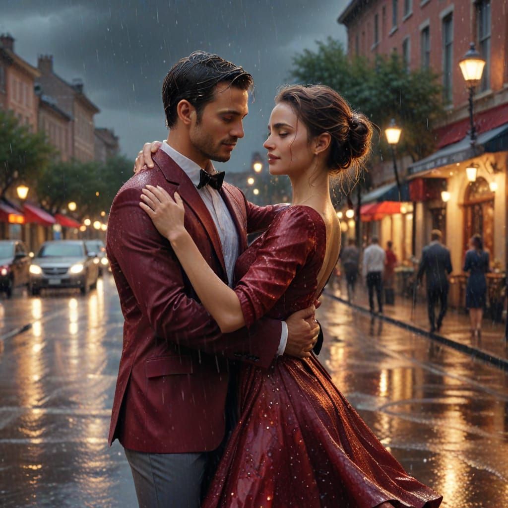Couple Waltzing in Rainy Street, Romantic Realism
