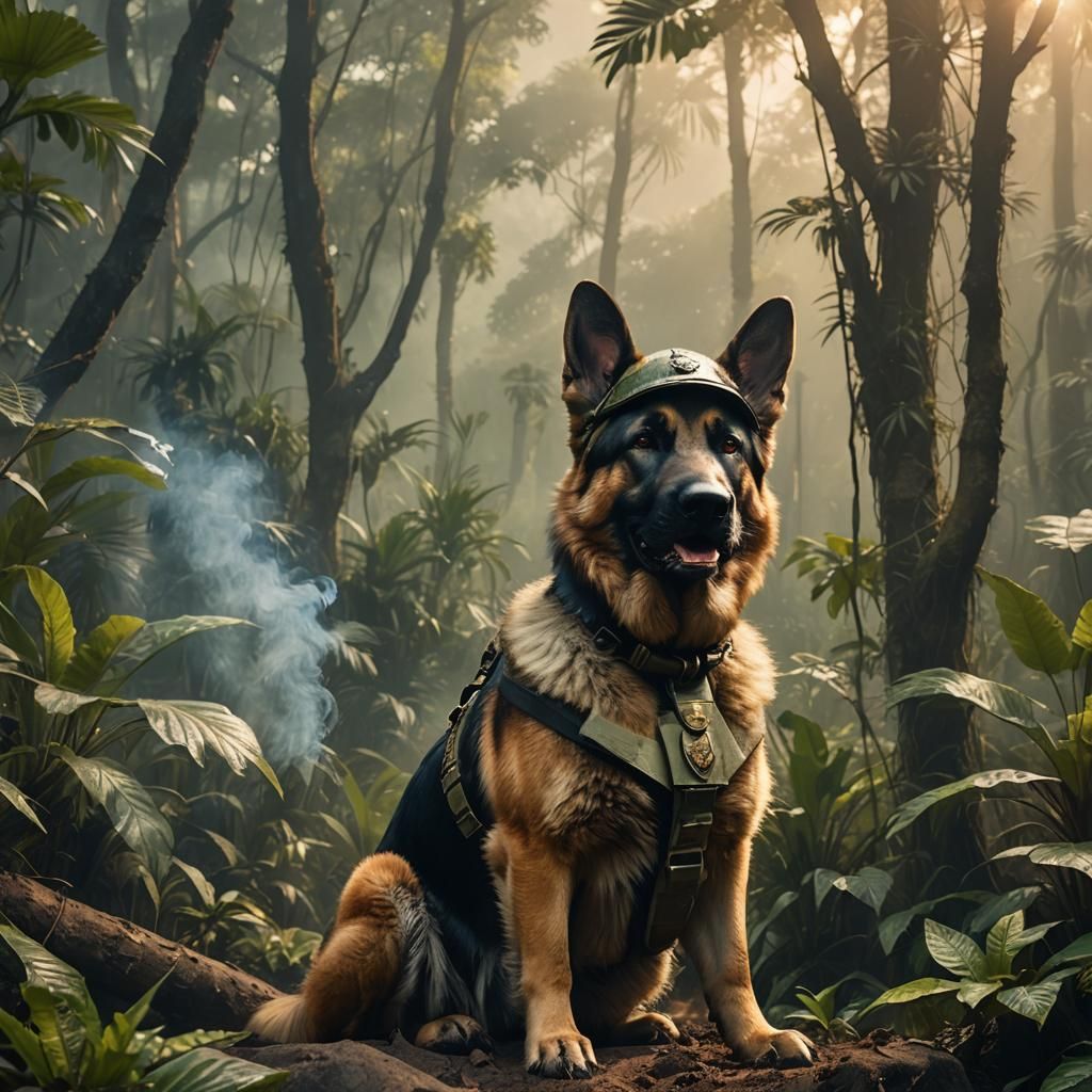 German Shepherd Soldier in Vietnam Jungle, Matte Painting