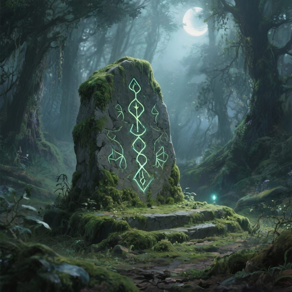 Mossy Stone Altar in Enchanted Forest Under Moonlight