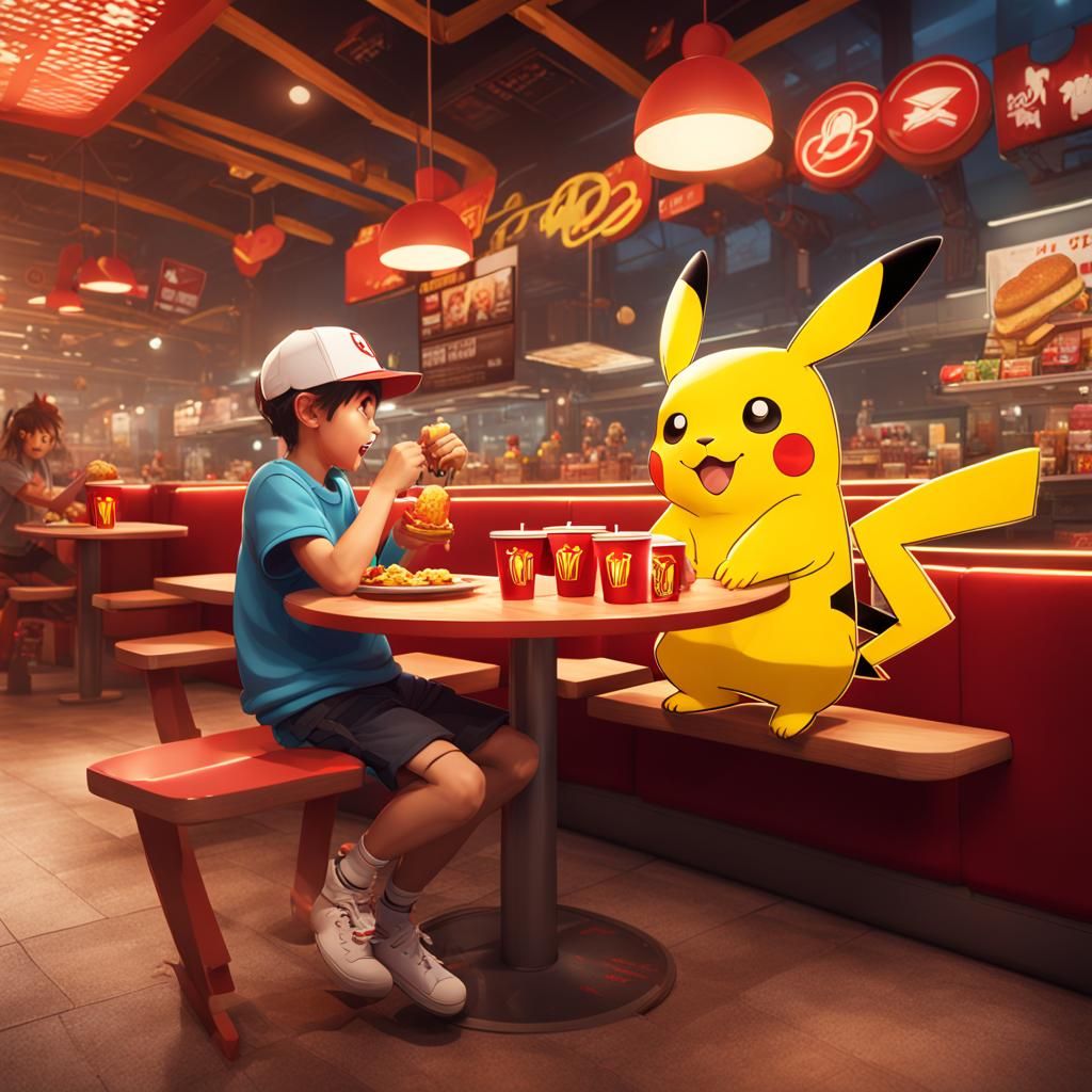 Ash and Pikachu at McDonald's: Detailed Matte Painting