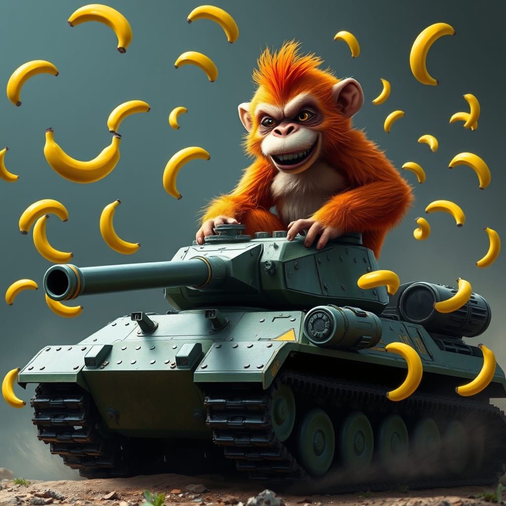 Orange Monkey Rides Tank Throwing Bananas