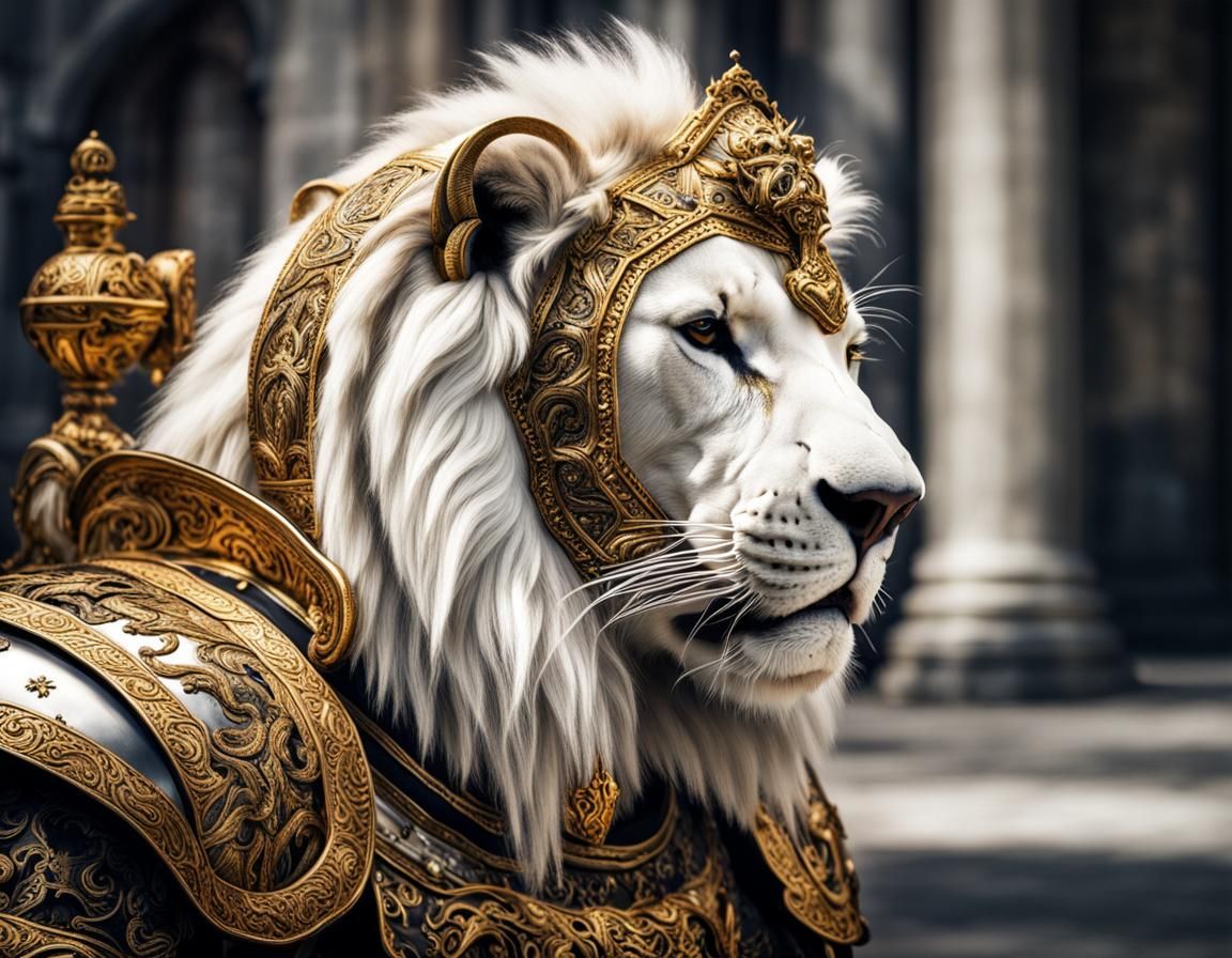 Armored White Lion in Hyperrealistic Detail