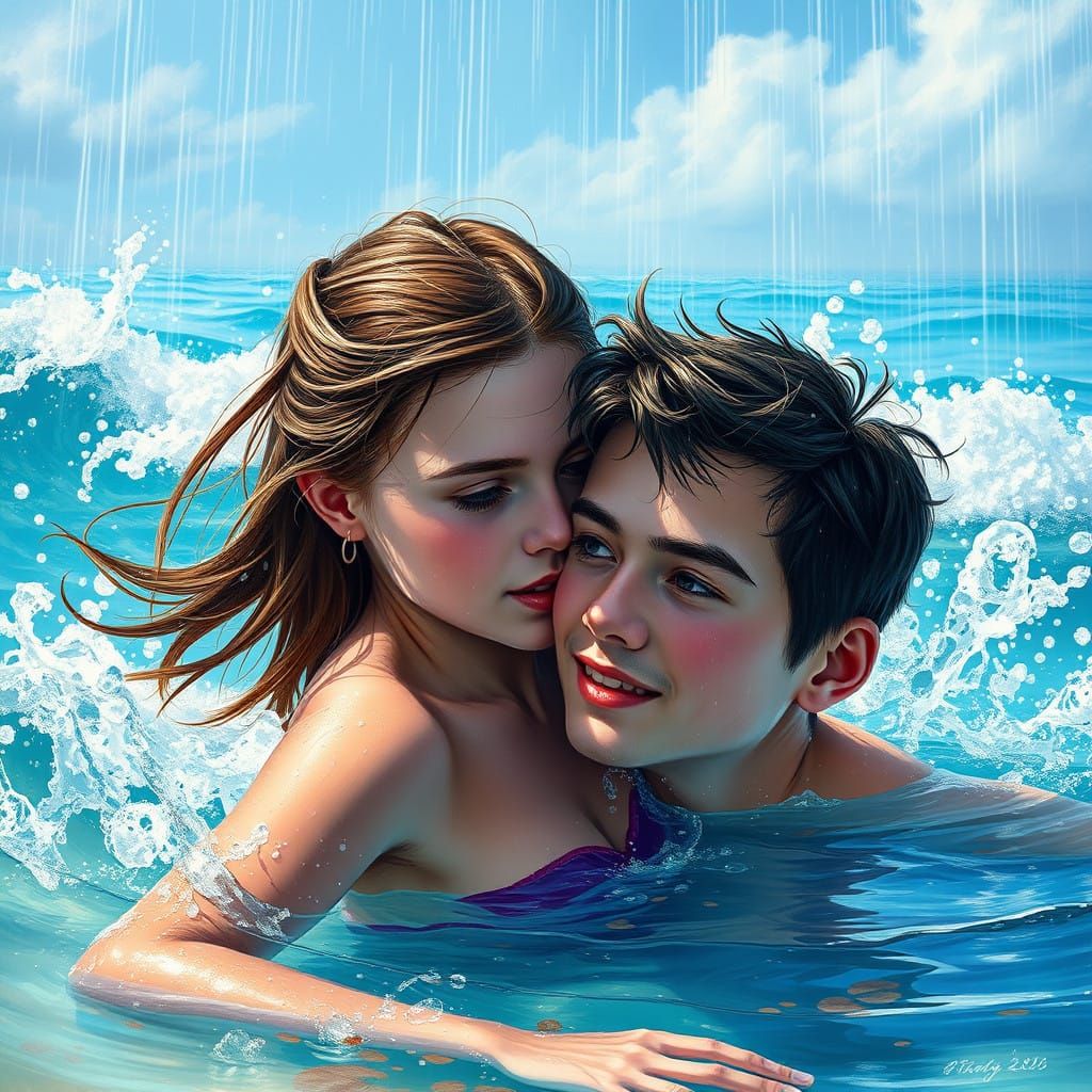 Romantic Beach Scene in Hyperrealistic Splash Art Style