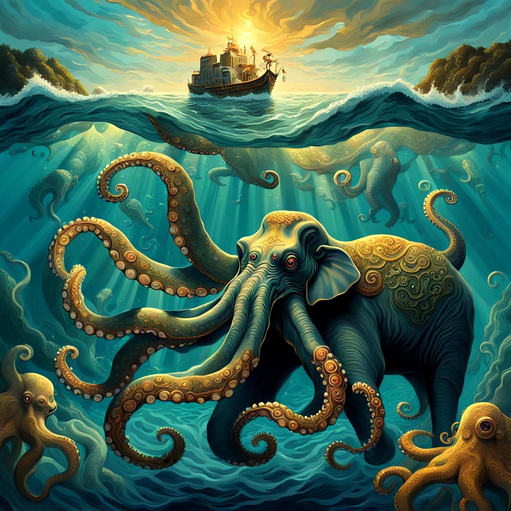 Oceanic Elephant-Octopus Hybrid in Surreal Style
