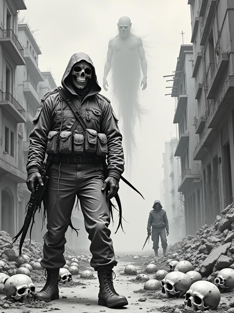 Monochromatic Soldier Before Death in Ravaged City