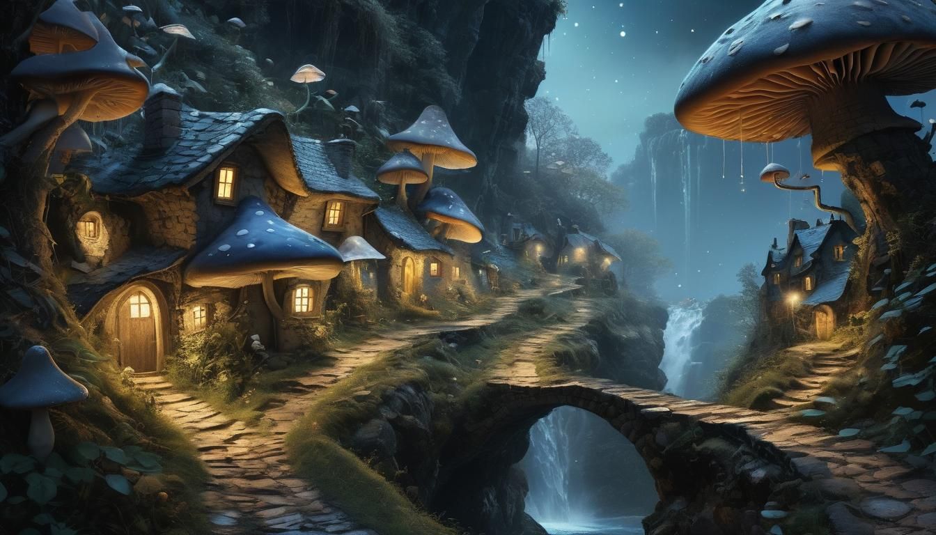 Enchanted Fairy Landscape with Mushroom Houses