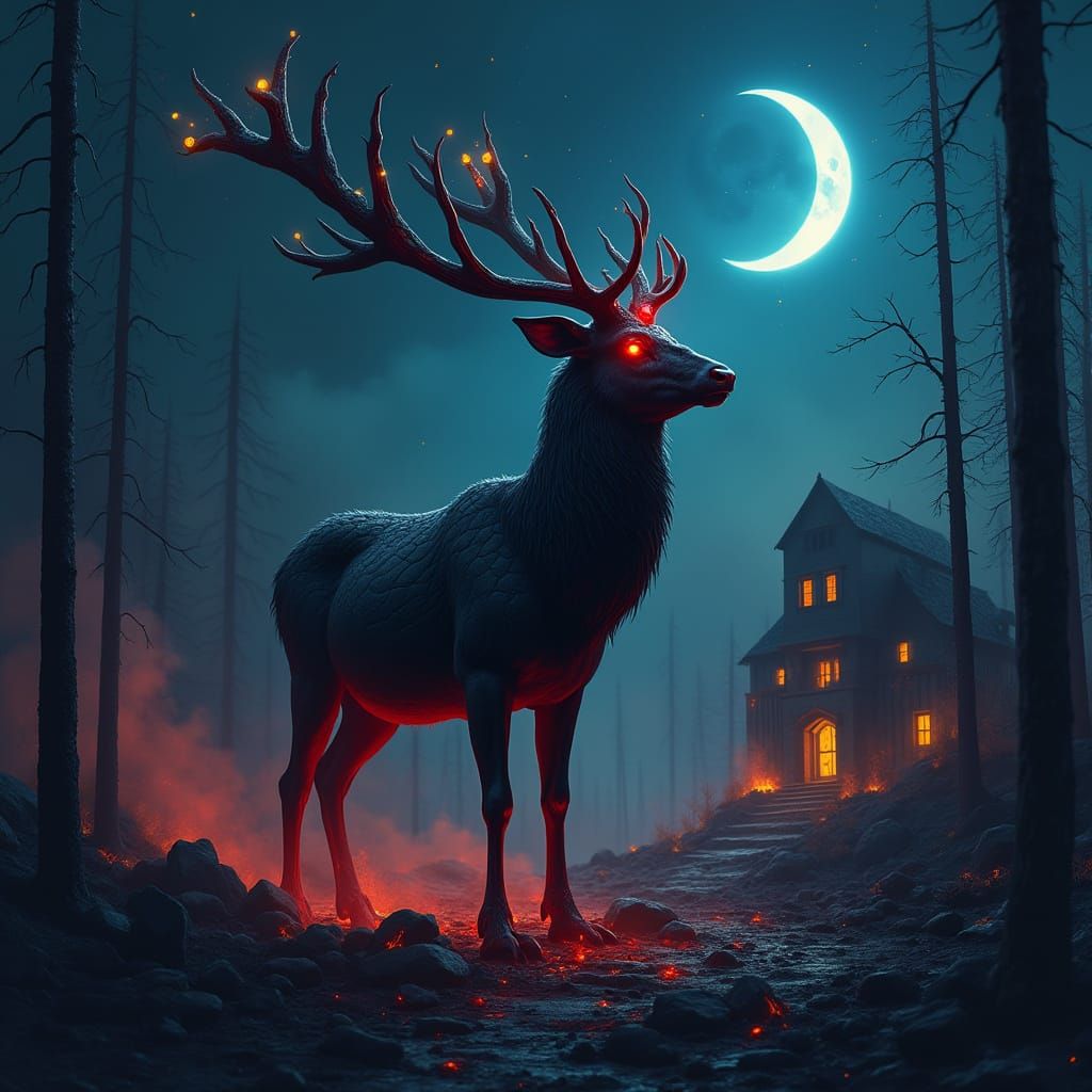 Majestic Black Deer in Dystopian Landscape