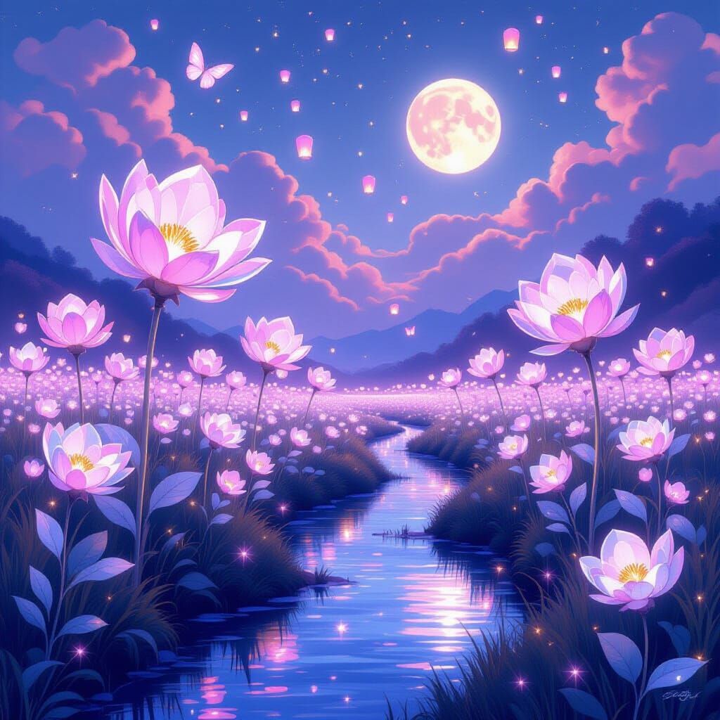 Giant Crystal Flowers and Lanterns in Surreal Landscape