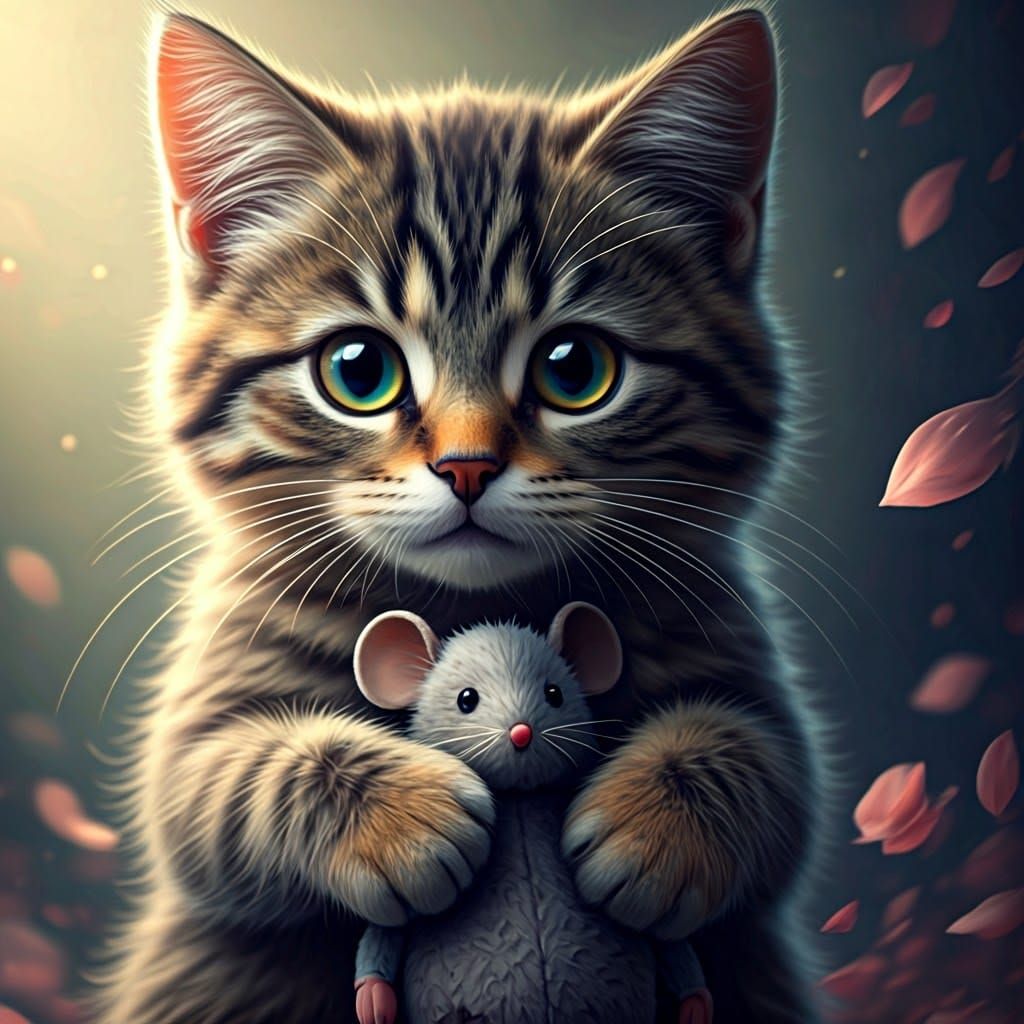 A hyper-realistic adorable cute tabby cat hugging a mouse pl...