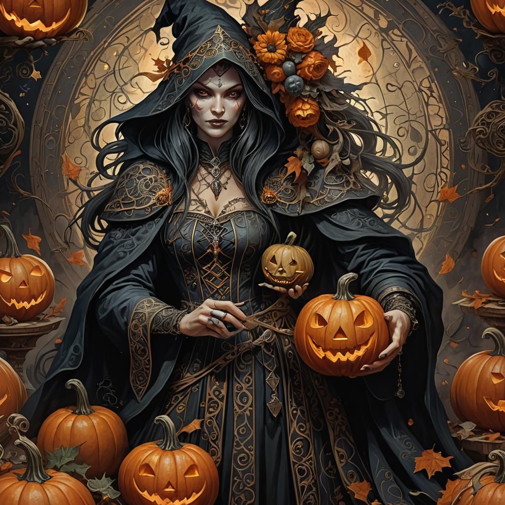 Wicked Sorceress with Pumpkin: Dark Fantasy Illustration