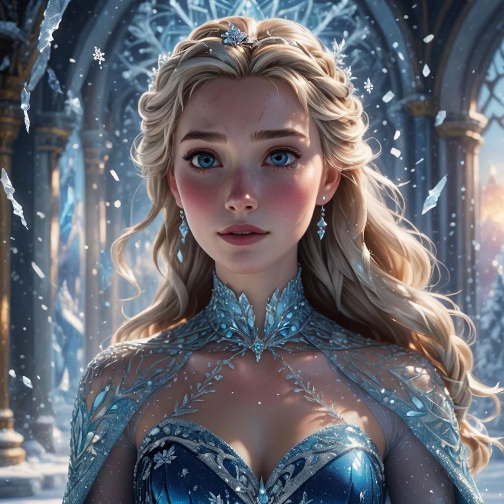 Elsa in a Crystallized Dress, Hyperrealistic Concept Art