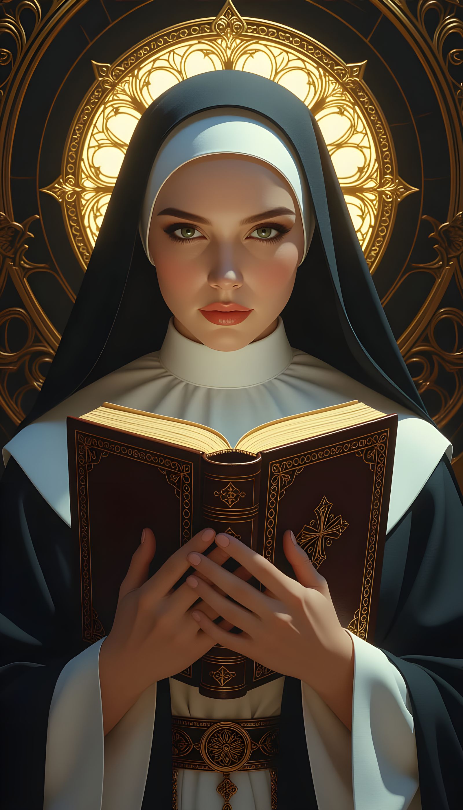 Detailed Portrait of a Nun Holding Bible