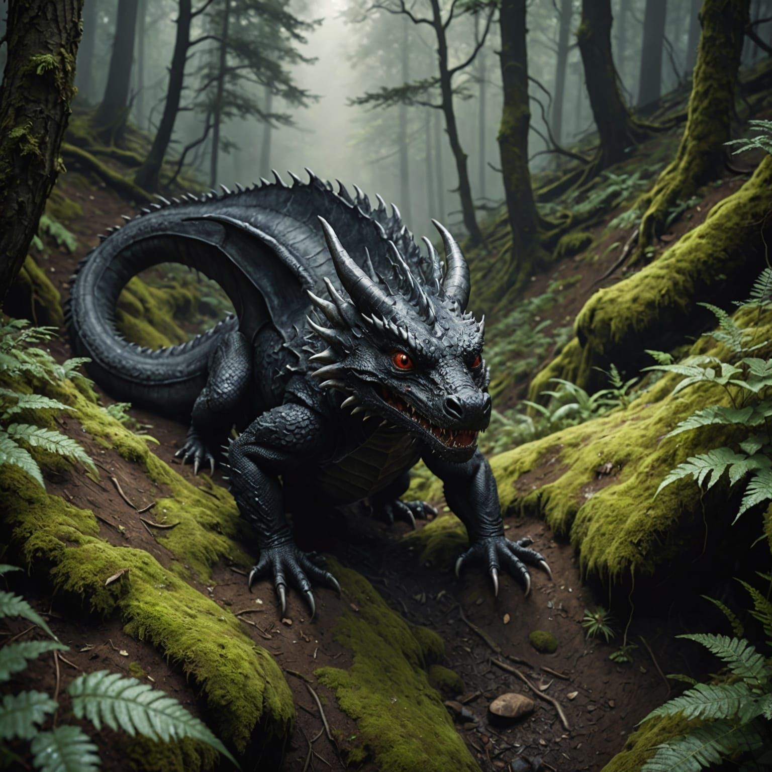 Photorealistic Black Dragon Over Forest