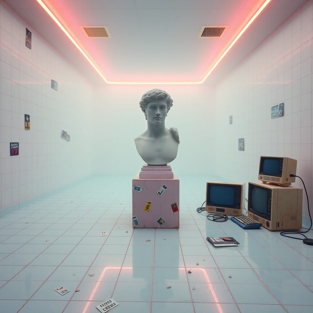 Nostalgic Vaporwave Liminal Space with Retro-Futuristic Elem...