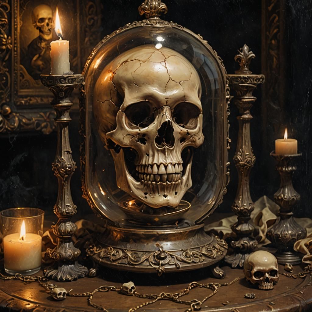 Renaissance Skull Trapped in Cursed Hourglass