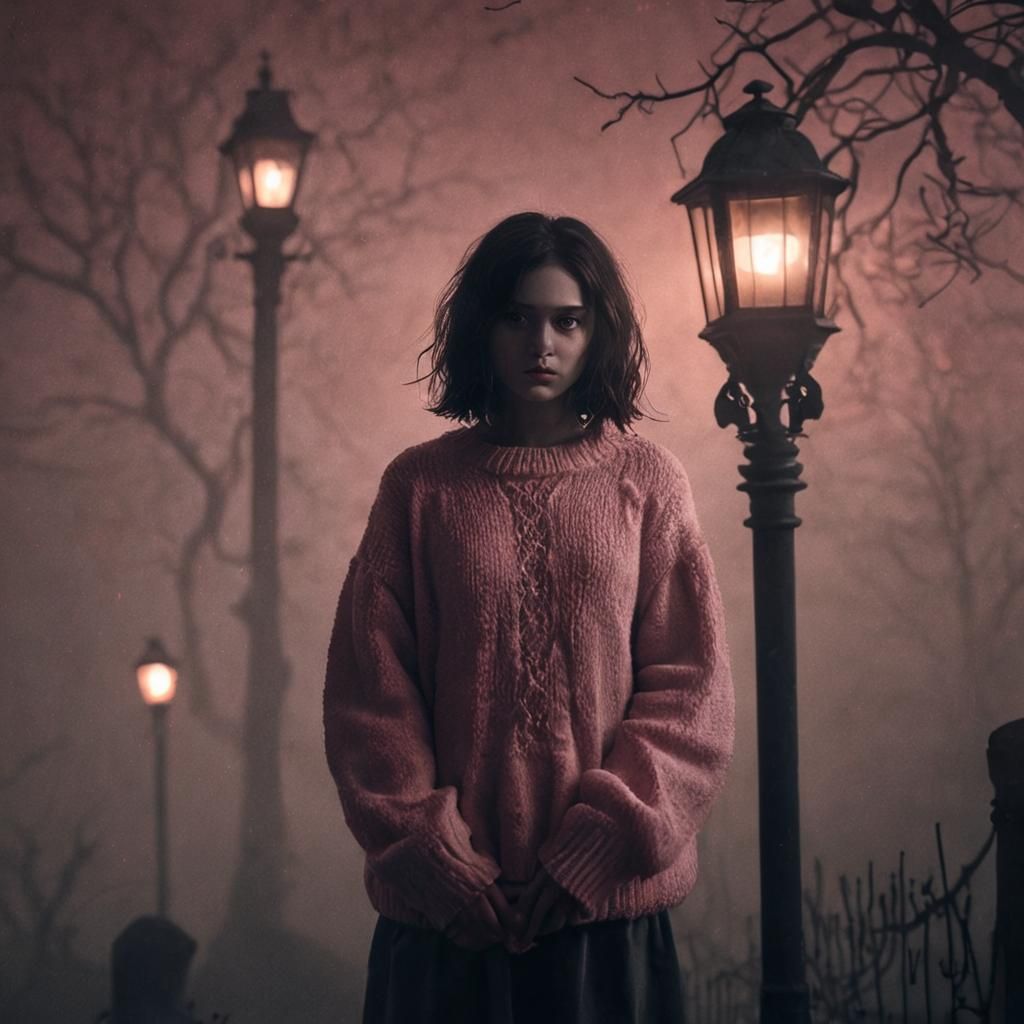 Gothic Girl in Pink Sweater: Cinematic Digital Art