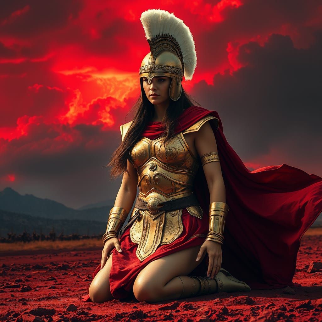 Ancient Female Warrior in Golden Armor, Regal and Unyielding