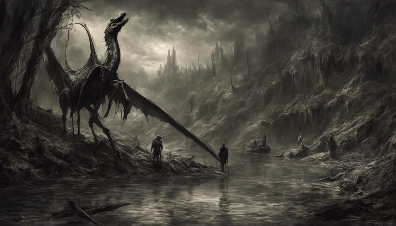 Horse-Headed Pterosaur in Dark Underground River