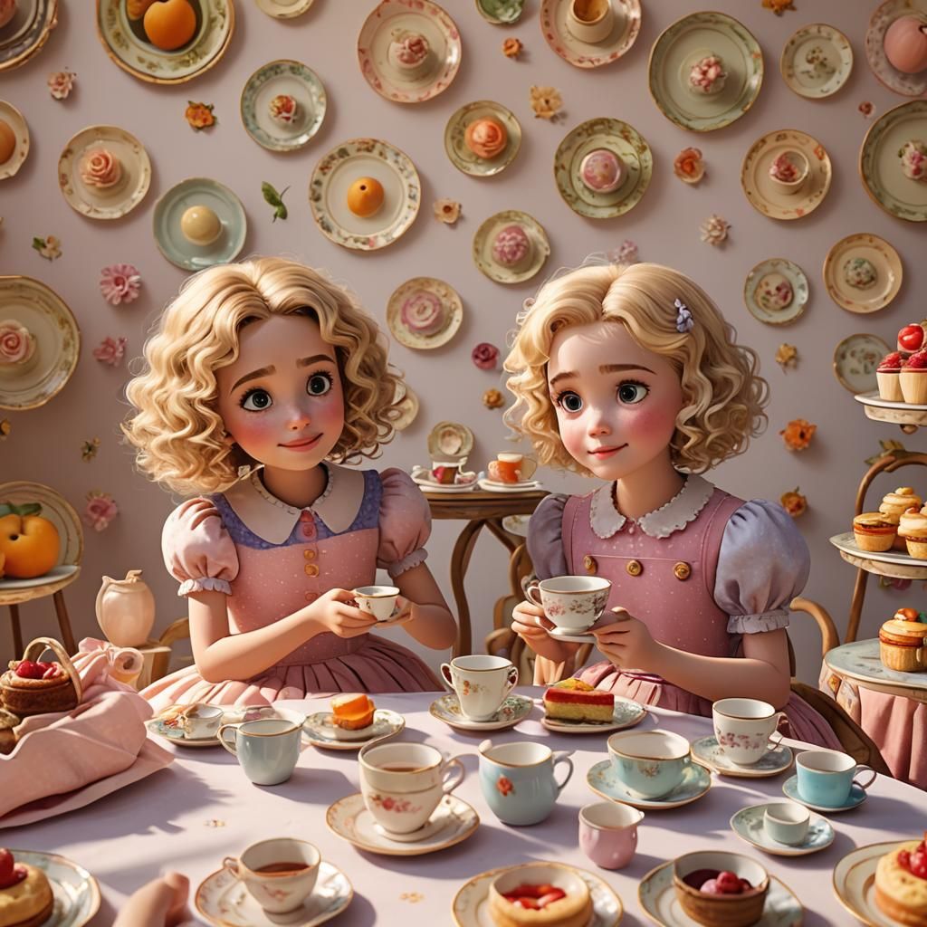 Pixar-Style Tea Party with Two Little Girls