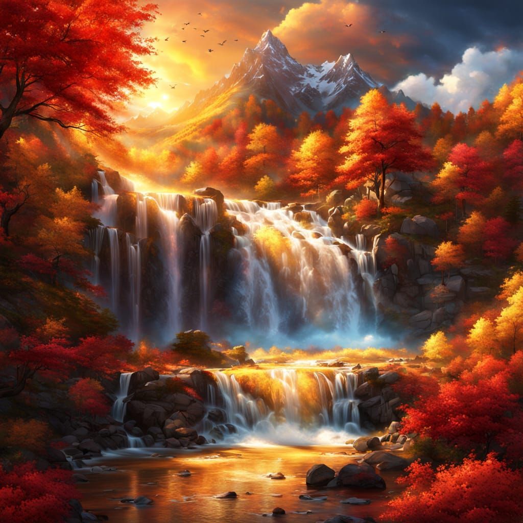 Golden Autumn Waterfall Sunset in Fabio Cembranelli Style