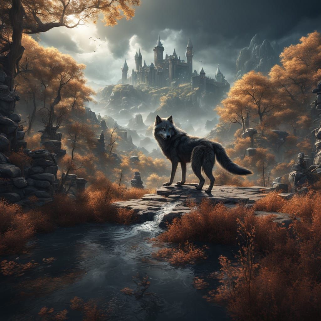 Wolf Emerges from Mystic Landscape in Dazzling Fantasy Art
