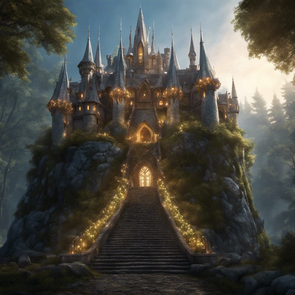 High Elf in Forest Castle, Hyperrealistic Fantasy