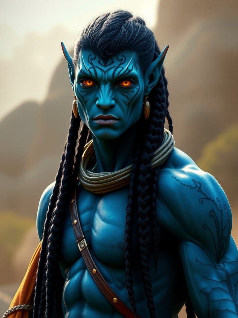 Blue Na'vi Warrior in Earthy Landscape