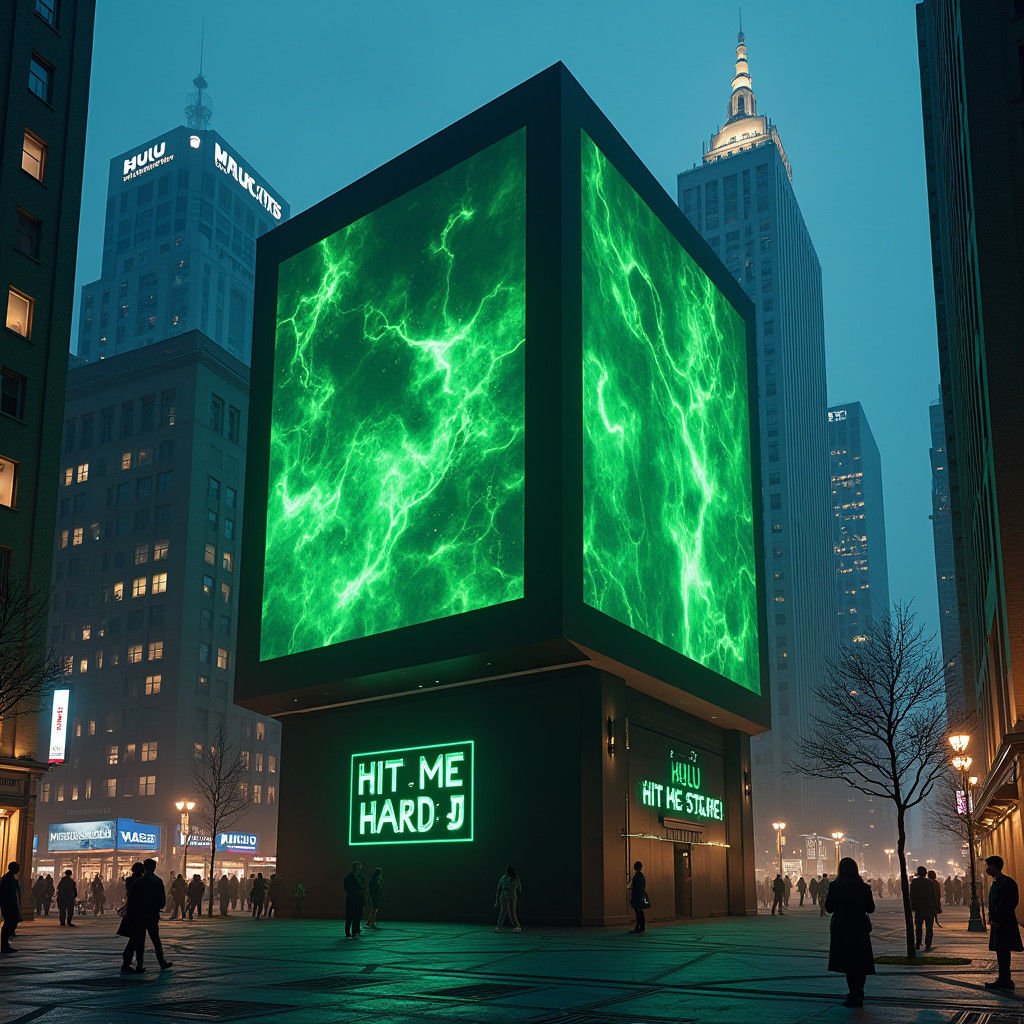 Hulu's Futuristic Cube Structure in Energetic LED Lights