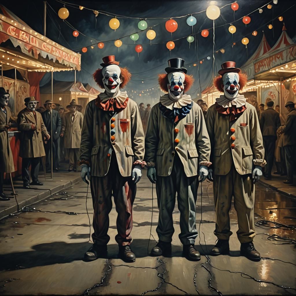 Surreal Clowns in Dimly Lit Carnival: Oil Painting