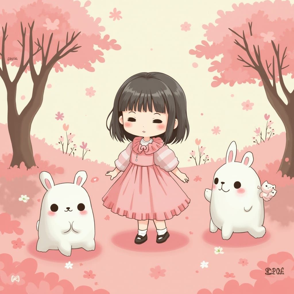 Pastel Dreamscape: Girl with Animals in Japanese Style