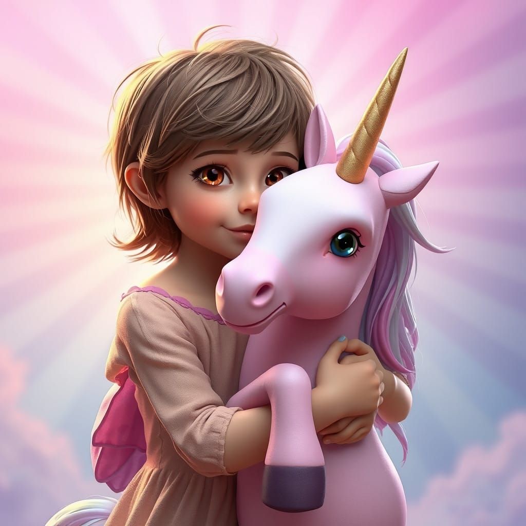 Whimsical Girl and Unicorn Pegasus in Vibrant Sunset Hues