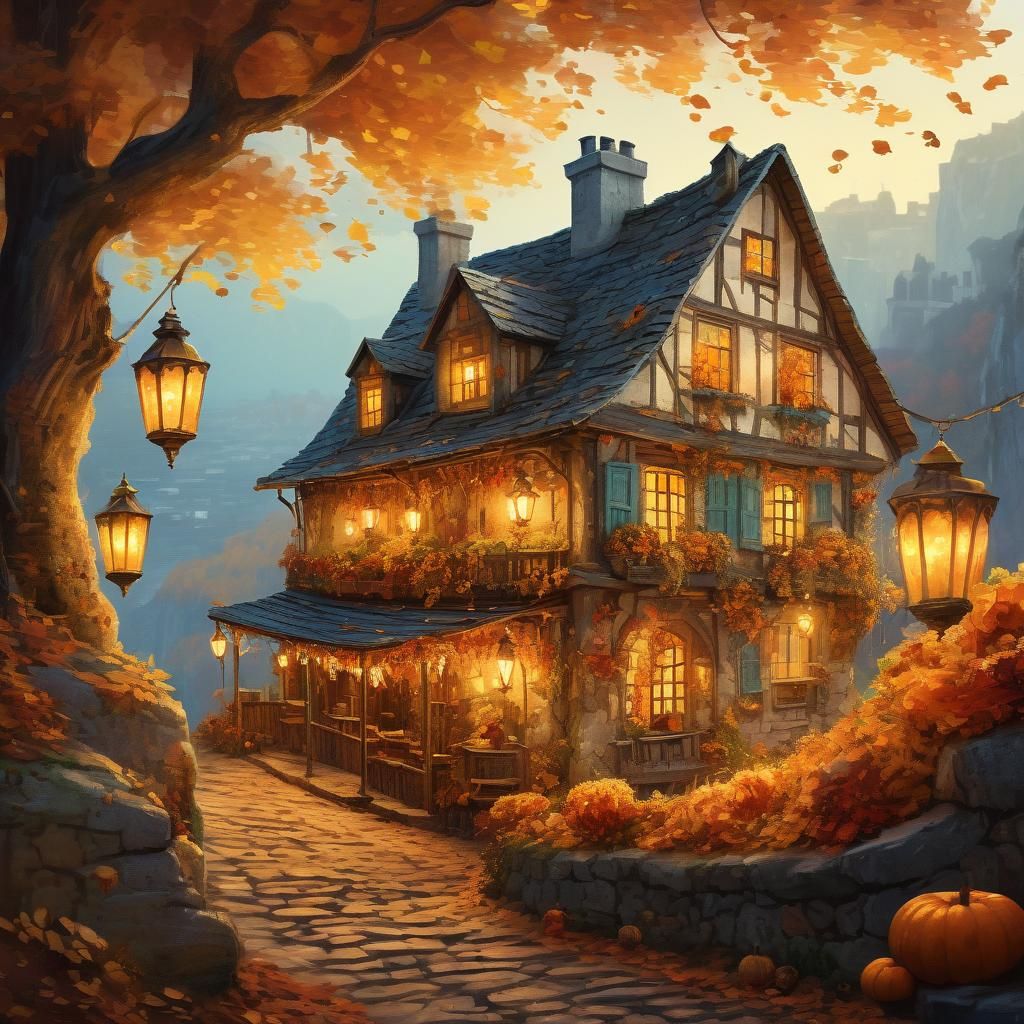 Autumn Festival at Cliffside House: A Vintage Illustration