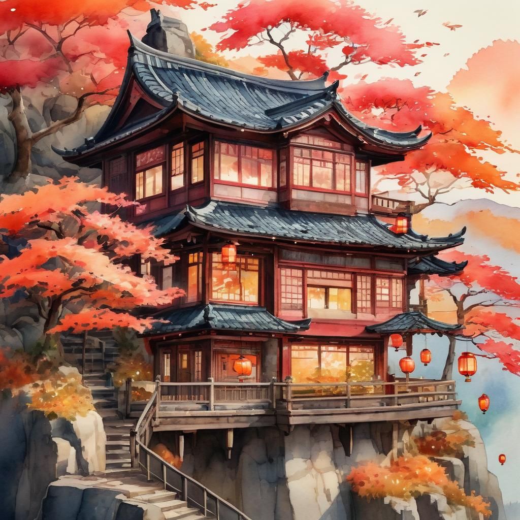 Charming Autumn Inn in Japanese Folk Art Style