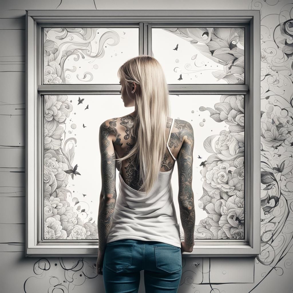 Blonde Girl with Floating Ink Tattoo in Modern Home