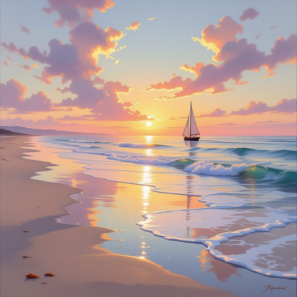 Serene Ocean Seascape at Dawn in Hyperrealistic Oil Painting...