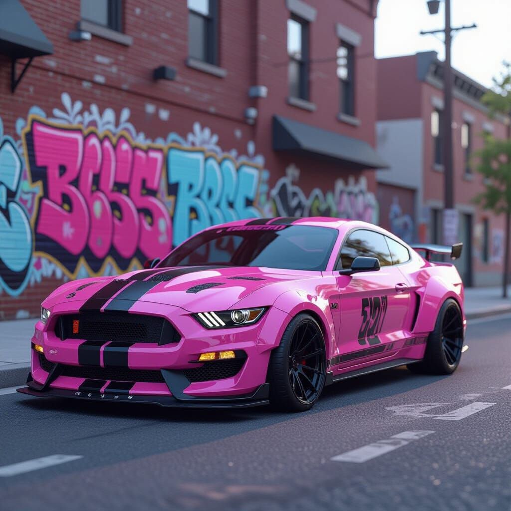 Pink and Black Mustang on Graffiti Street